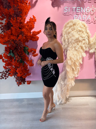 Nina Strapless Velvet Dress with Rhinestones Details