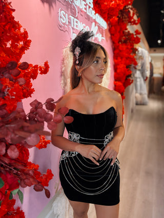 Nina Strapless Velvet Dress with Rhinestones Details