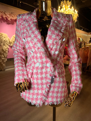 Yoko Pink and White Plaid Buttoned Blazer