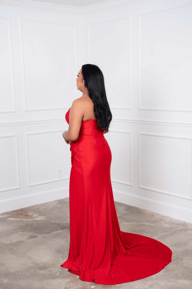 kehlani red dress Women's Kehlani Slit Asymmetric Sleeved Mesh Silk Floor Length Dress XXS/XS/S/M/L Red MEAN BLVD Red / L