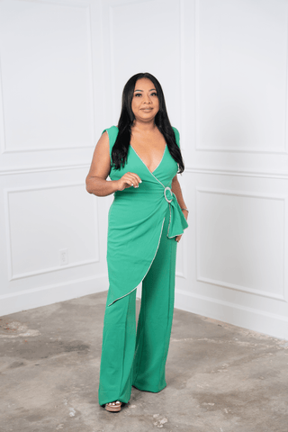 Eleanor Green Jumpsuit with Belt and Rhinestones Details