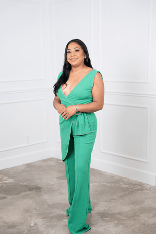 Eleanor Green Jumpsuit with Belt and Rhinestones Details