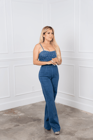 Angela Belted Stretchy Denim Jumpsuit Embellished with Pearls