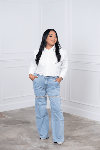 Not That Serious Wide Leg Jeans with Rhinestones Details Cutout - Light Wash