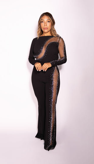 Agatha Birthday Jumpsuit Celebration Dress Sexy Rhinestones Embellished Backeless Sheer