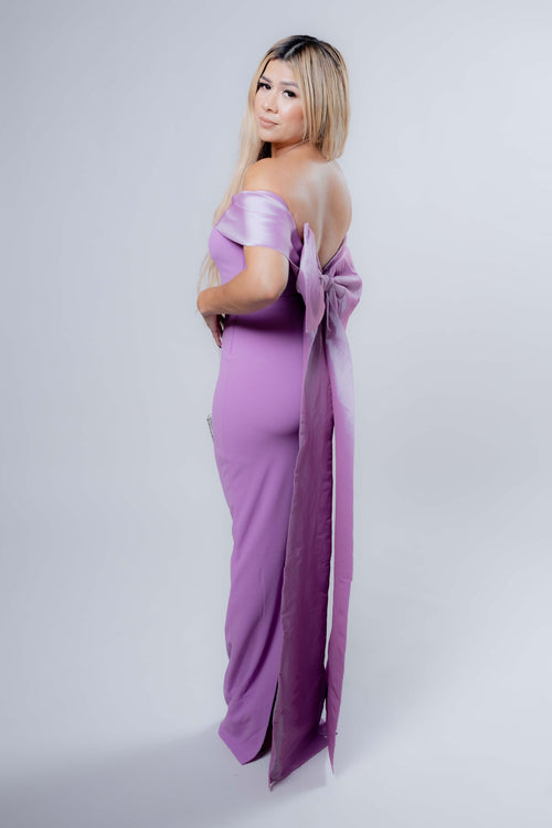 fitted lace wedding dress Francesca Purple Long Dress With Bow On The Back – Mirandas Boutique LLC