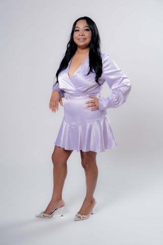 Juliette Lilac Satin Short Dress Long Sleeve with Belt