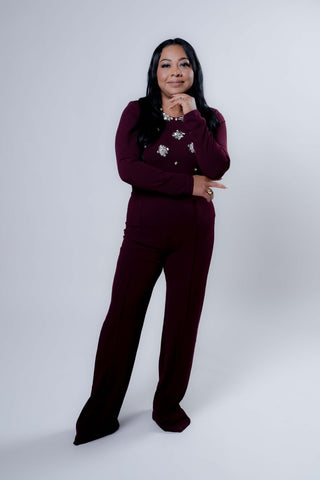 Rich Auntie Faux Fur Trim Sweater Pant Set with Rhinestones details