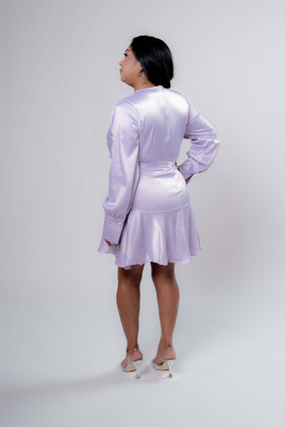 Juliette Lilac Satin Short Dress Long Sleeve with Belt