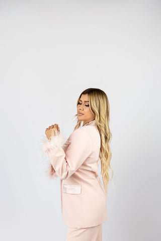 Marie Two Piece Set Satin Button Embellished Blazer + Flared Pants Feathers Details Blush Pink